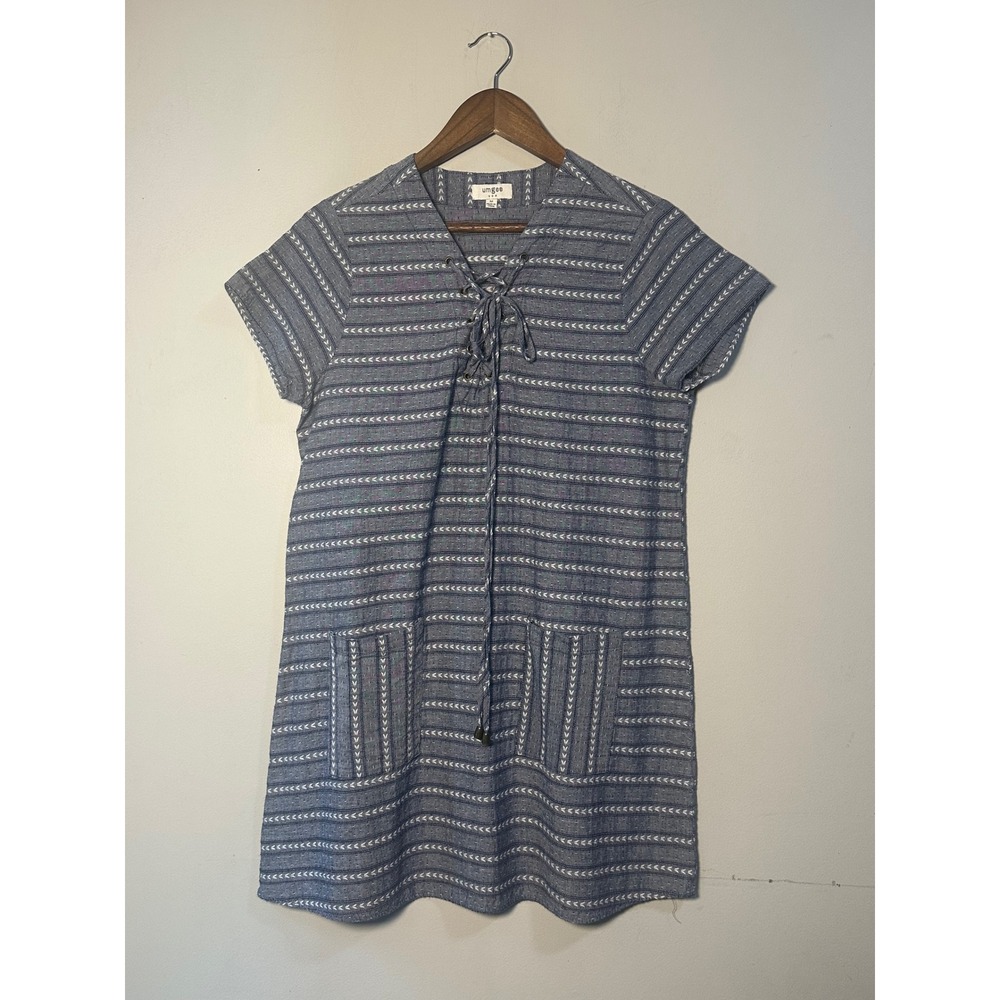 Umgee USA Blue White Geometric Lace Up Tunic Dress Medium Boho Short Sleeve